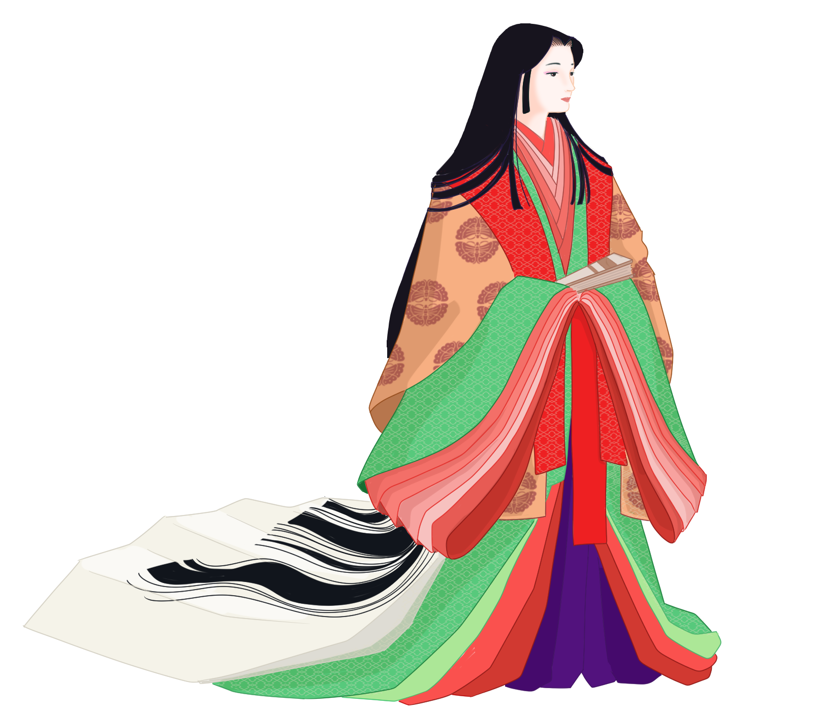 Illustration of a Heian court woman in layered robes.