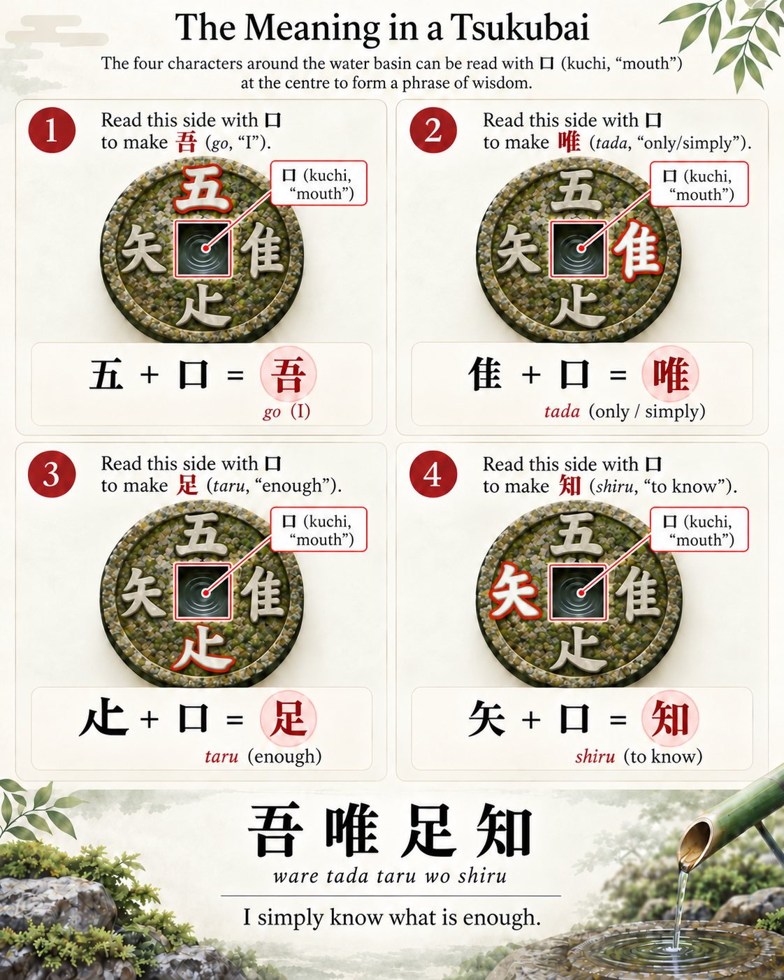 Diagram showing how the square opening in a tsukubai combines with the surrounding carved forms to read 吾唯足知, ware tada taru wo shiru.