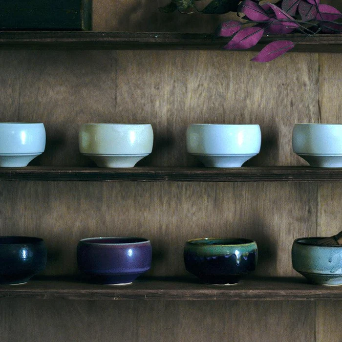 Compact Hasami bowls in several glazes arranged on wooden shelves.