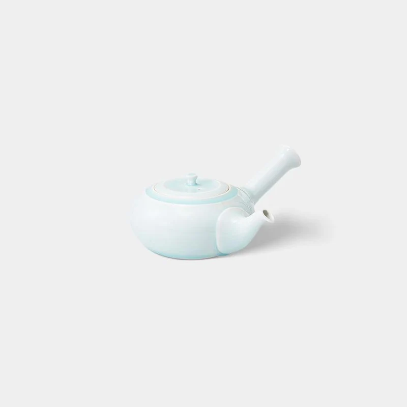 A pale blue Hasami porcelain kyusu with a side handle and spout.