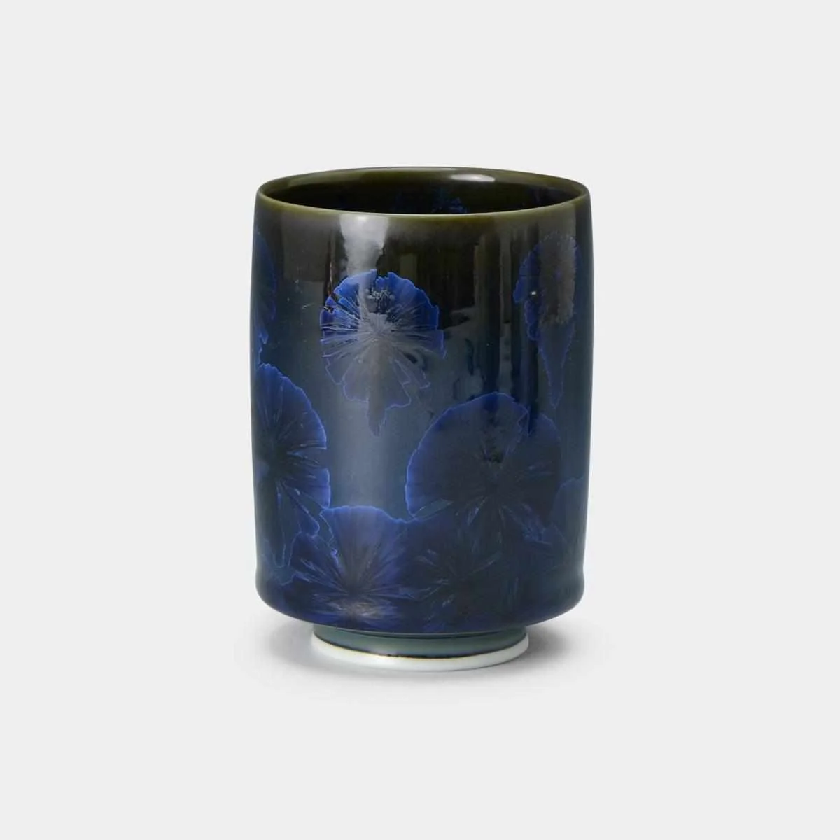 Touan Blue Ink yunomi with a dark blue flower-crystal glaze.