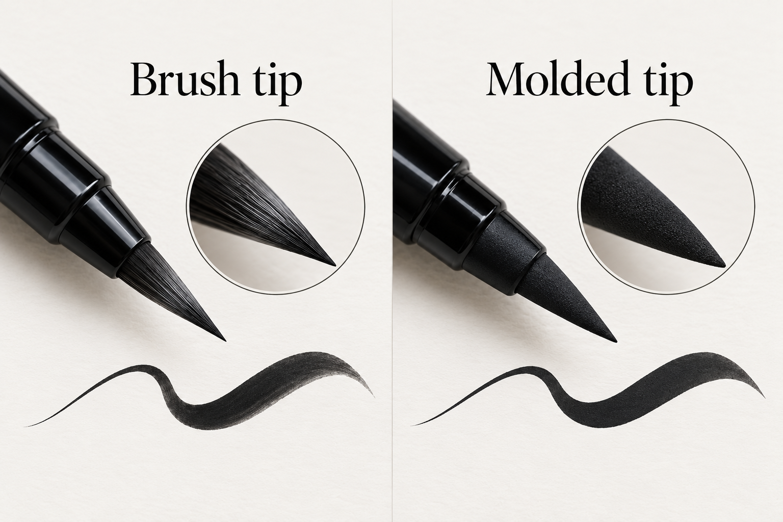 Comparison of a bristle-tip brush pen made from gathered fine fibers and a molded-tip brush pen with a single flexible nib.