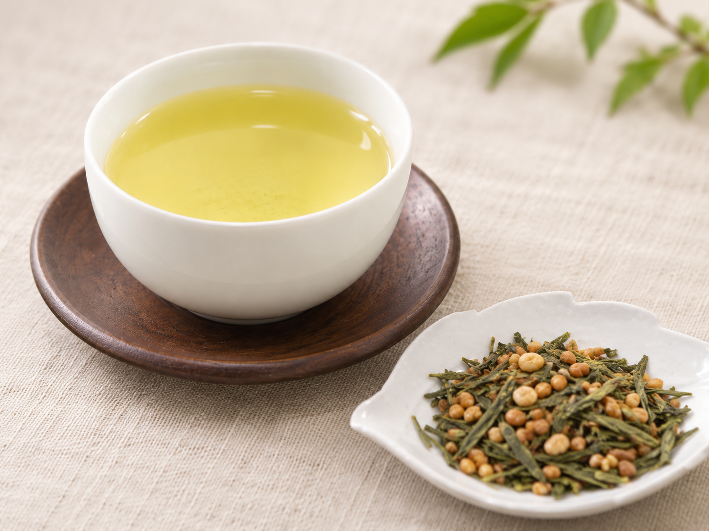 Cup of genmaicha with green tea leaves and roasted rice.