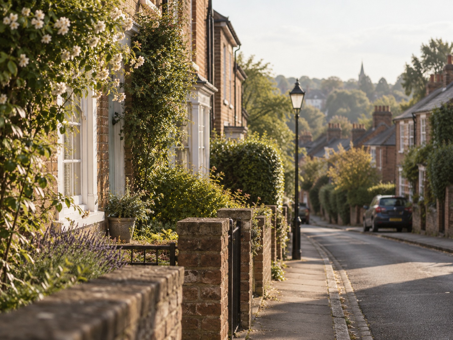 A quiet residential street in Britain, with brick houses, flowering plants and a lamp post.