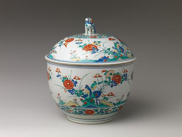 Tureen with Rocks, Flowers, and Birds, 18th century. Arita ware, Kakiemon type. The Met notes that this type is known from several examples found in Europe, where it was highly prized