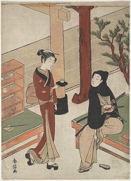 Osen serving tea to a seated young samurai in a woodblock print by Suzuki Harunobu.