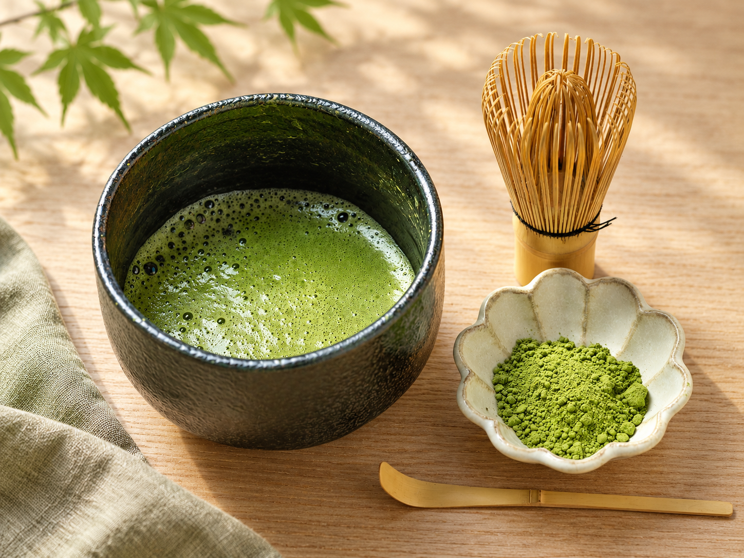 Bowl of whisked matcha with a bamboo whisk and matcha powder.