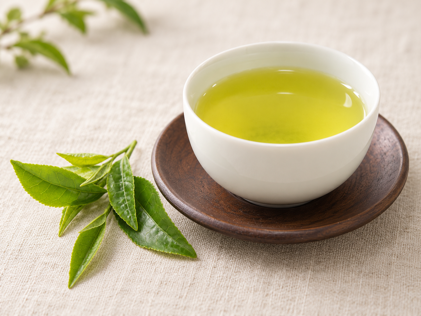 Cup of sencha with fresh green tea leaves.